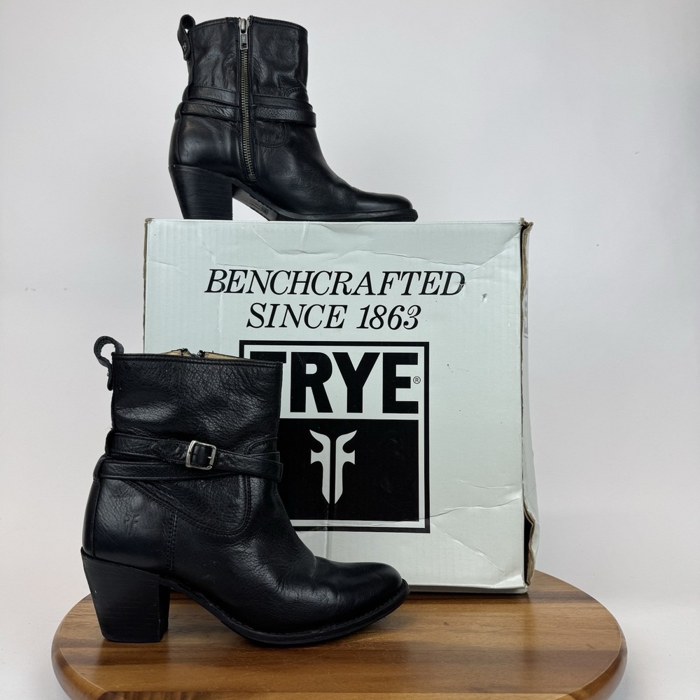 Womens Frye Jackie Rivet Black Leather Buckle Heeled Short‎ Ankle Boots Size 7 M